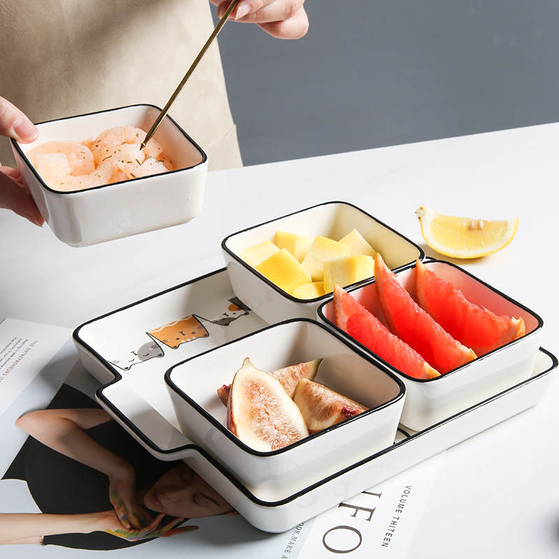 好看的餐具摆盘葱姜蒜分格盘蘸料碟陶瓷托盘家用水果拼盘果盘创意