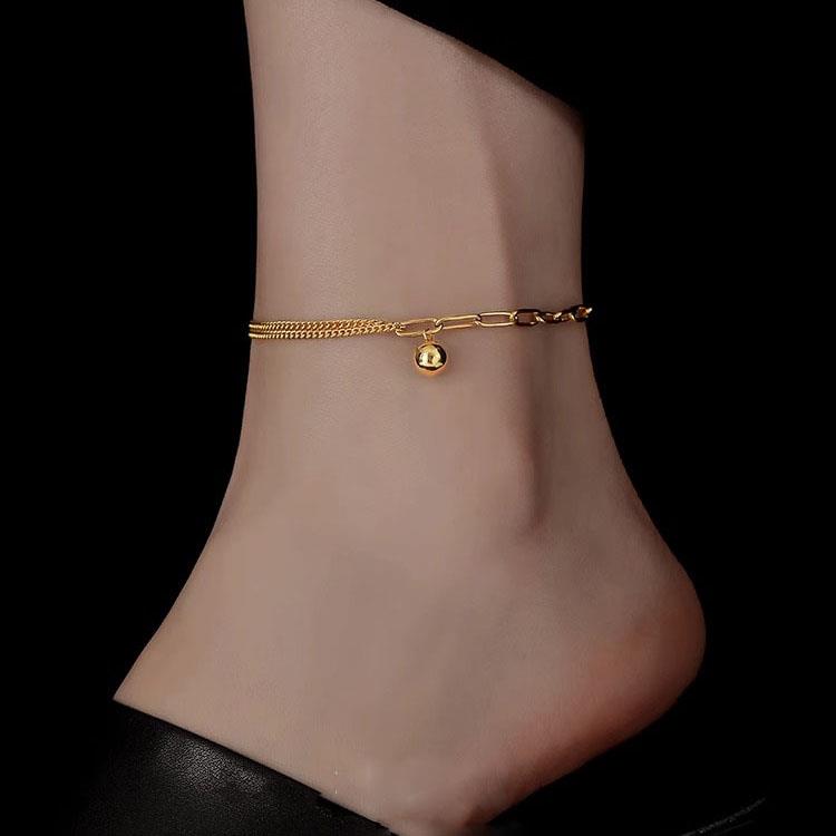 不掉色钛钢圆珠拼接链条脚链女潮ins小众设计感镀18k金足链配饰品