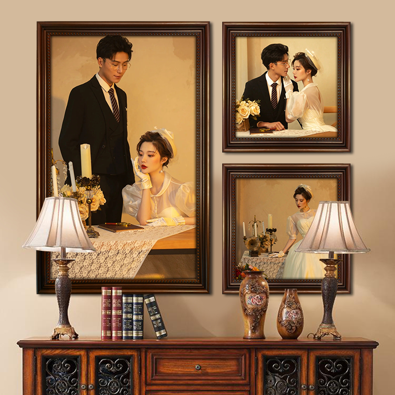 欧式复古美式做婚纱相框实木洗照片卧室客厅免打孔挂墙全家福定制