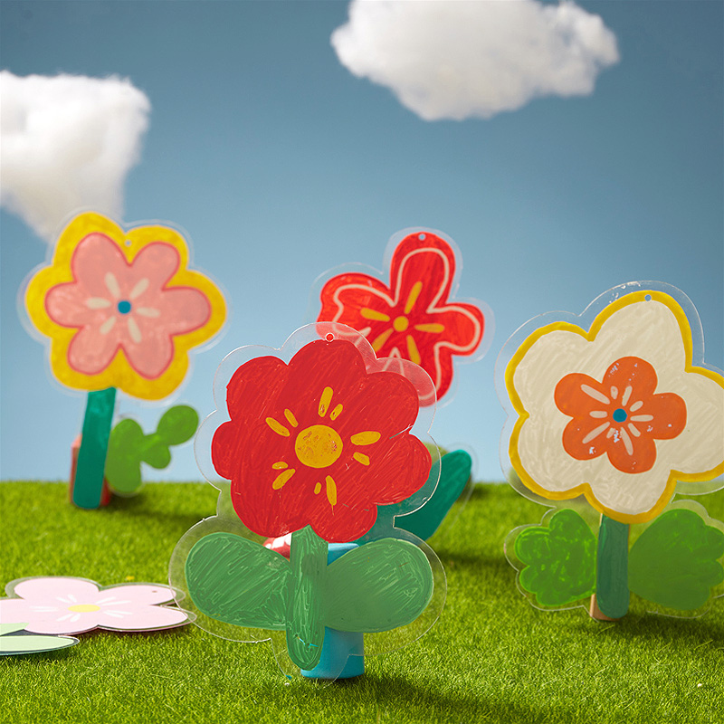 幼儿园儿童白坯填色透明塑料花朵 春天创意彩绘涂色DIY小花挂饰