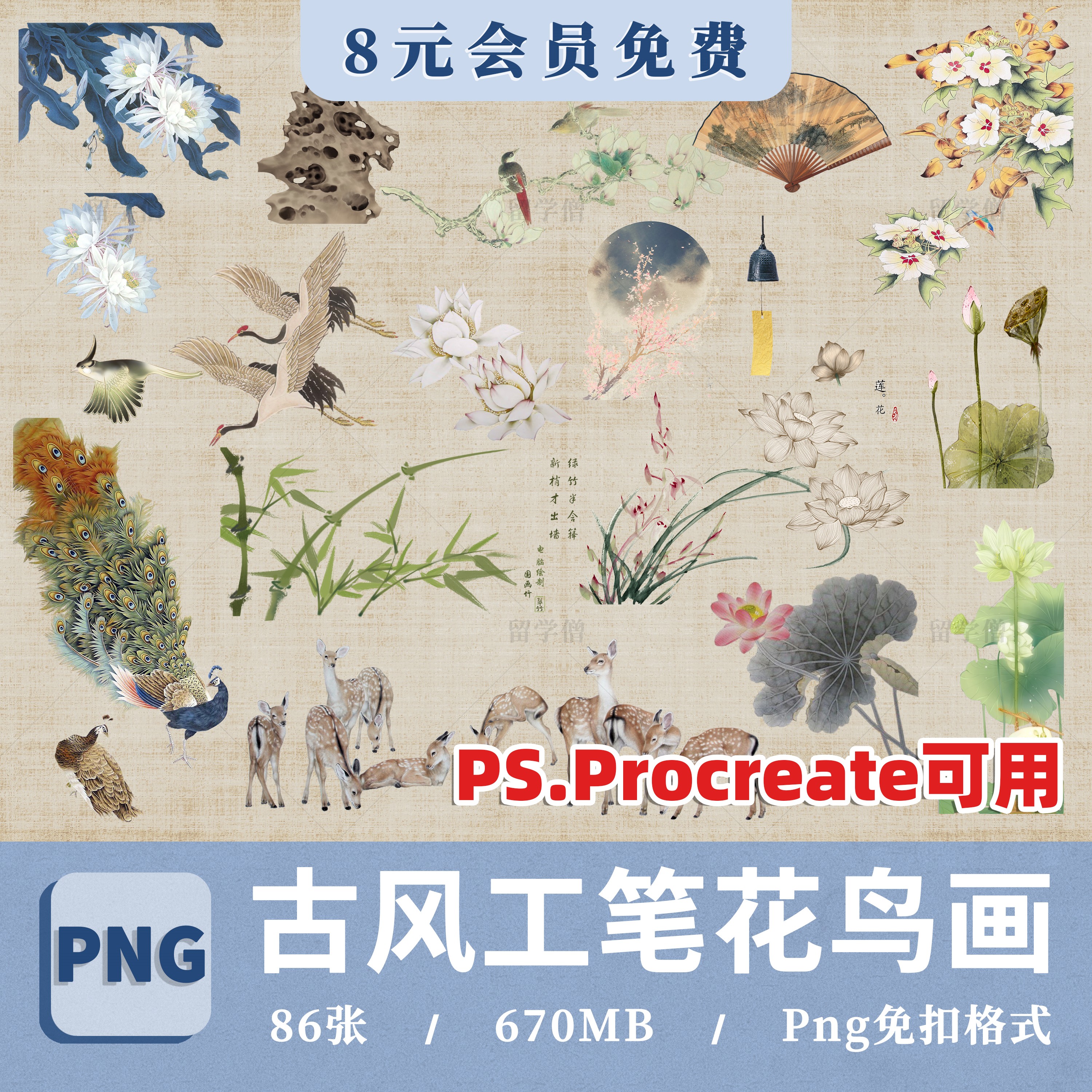 中国风古风拼贴素材免抠背景工笔画花鸟画植物花卉高清PNG图片