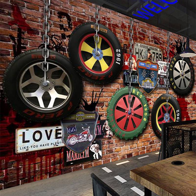 推荐复古3D立体汽车轮胎壁纸墙布工业风红砖壁画酒吧洗车房车行背