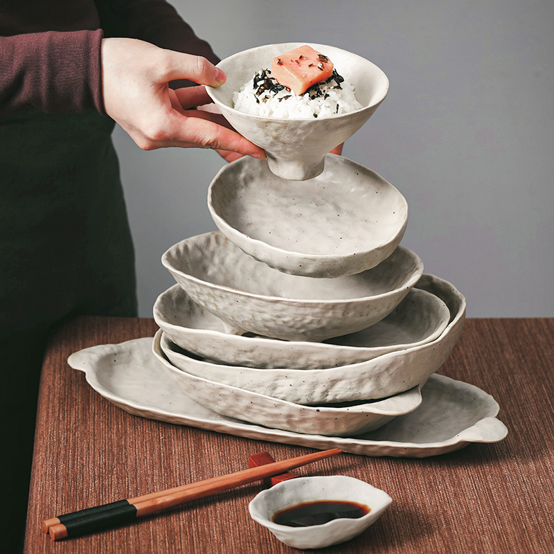 驼背雨奶奶景德镇家用手捏饭碗粗陶盘子日式手工餐具碗碟套装筷子