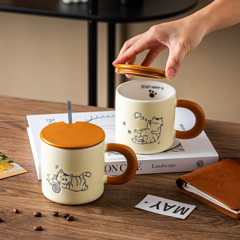 复古杯子陶瓷家用马克杯可爱猫咪咖啡水杯釉下彩耐高温早餐牛奶杯