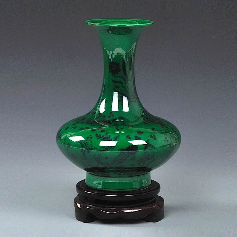 陶瓷翡翠绿家居花瓶摆件仿古花瓶青花瓷瓶双耳瓶中式工艺品