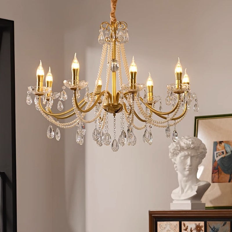 水晶吊灯法式复古黄铜珍珠吊灯温馨浪漫水晶蜡烛灯厅卧室美式灯具