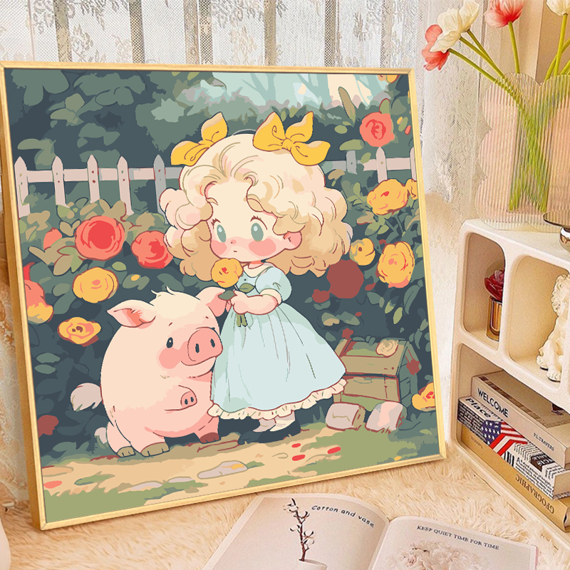 可爱猪猪女孩数字油画diy填充填色手工绘画画卡通丙烯油彩装饰画