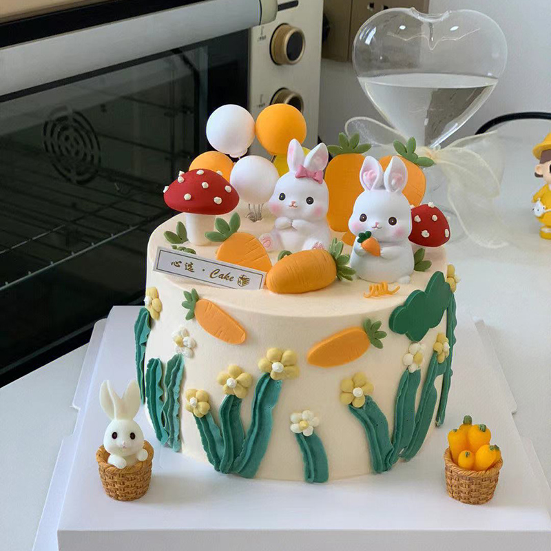 小兔子蛋糕装饰 可爱胡萝卜小兔花朵蘑菇箩筐生日蛋糕摆件插件