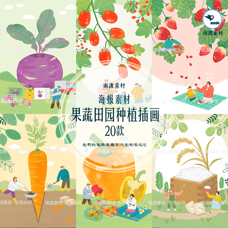 手绘卡通农场水果蔬菜田园种植玉米胡萝卜插画海报PSD设计素材图