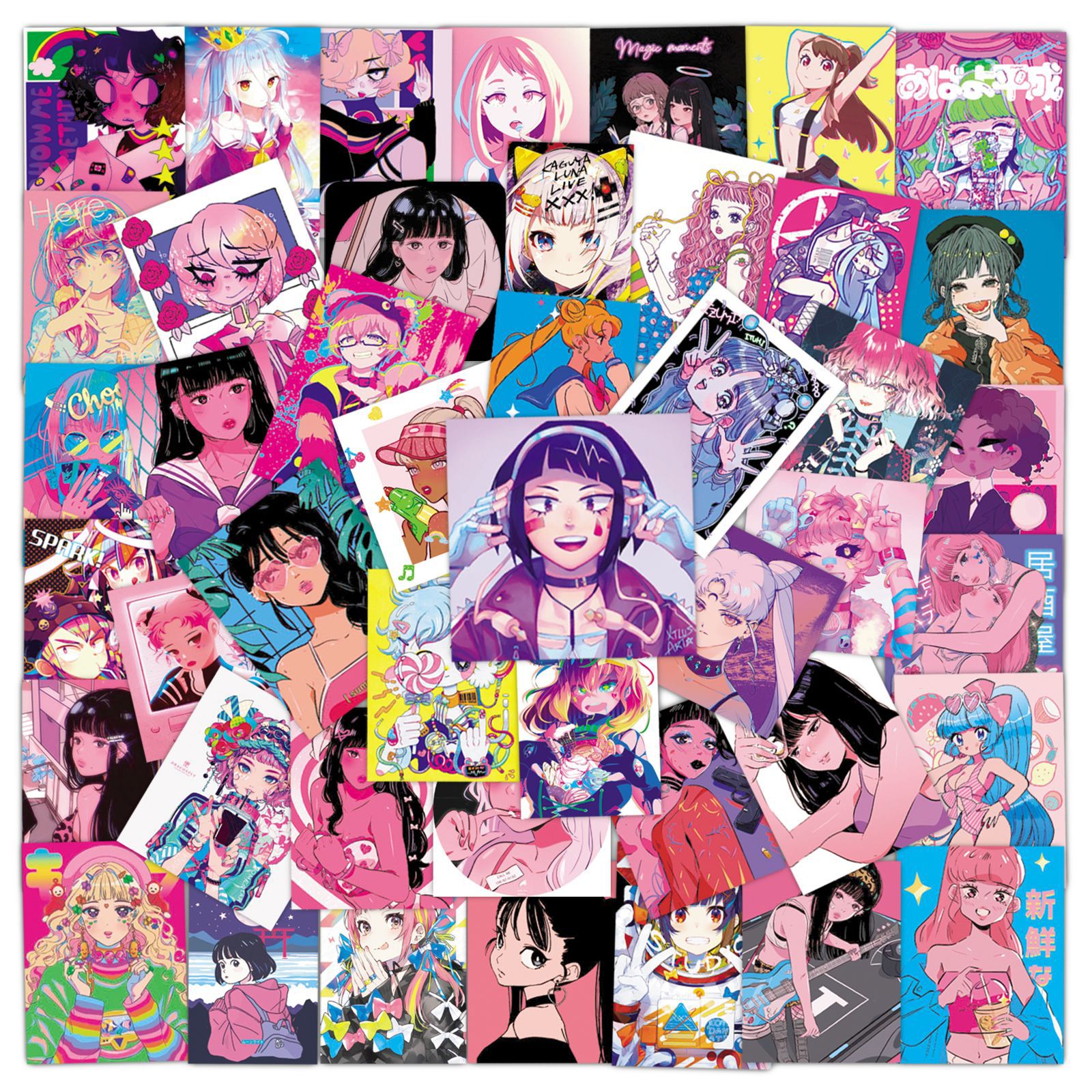 50张日式动漫美少女插画涂鸦贴纸行李箱电脑笔记本手机壳ipad贴图