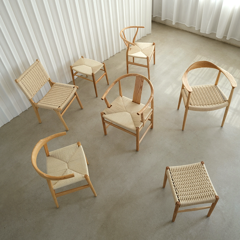 简约现代白蜡木实木编绳椅带扶手靠背成人圈椅牛角椅餐椅太师椅