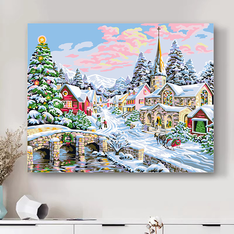 画画填色diy数字油画圣诞节雪景雪人冬天风景解压手绘装饰油彩画