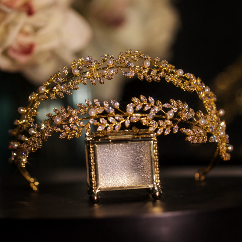 韩式锆石珍珠双层金色银色发箍超仙超显气质华丽唯美款式礼服头饰