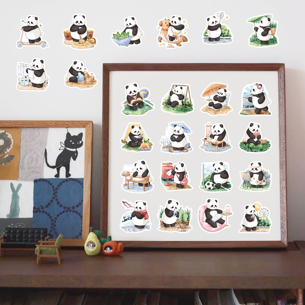 50张原创熊猫的一天贴纸可爱的小熊猫卡通装饰手机壳平板小贴画