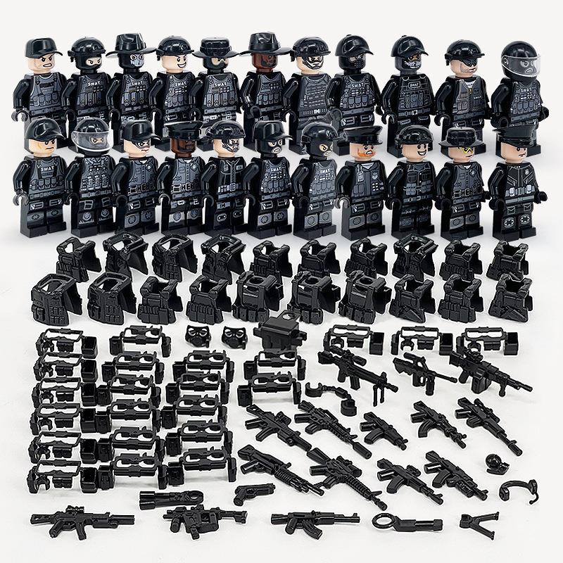 某高军事小颗粒积木人仔特警飞虎队警察特种兵武器小男孩拼装玩具