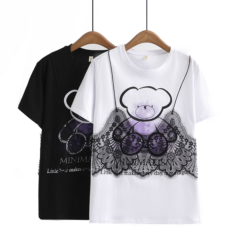 夏季新款休闲上衣胖mm设计感圆领紫色小熊假两件蕾丝拼接大码t恤