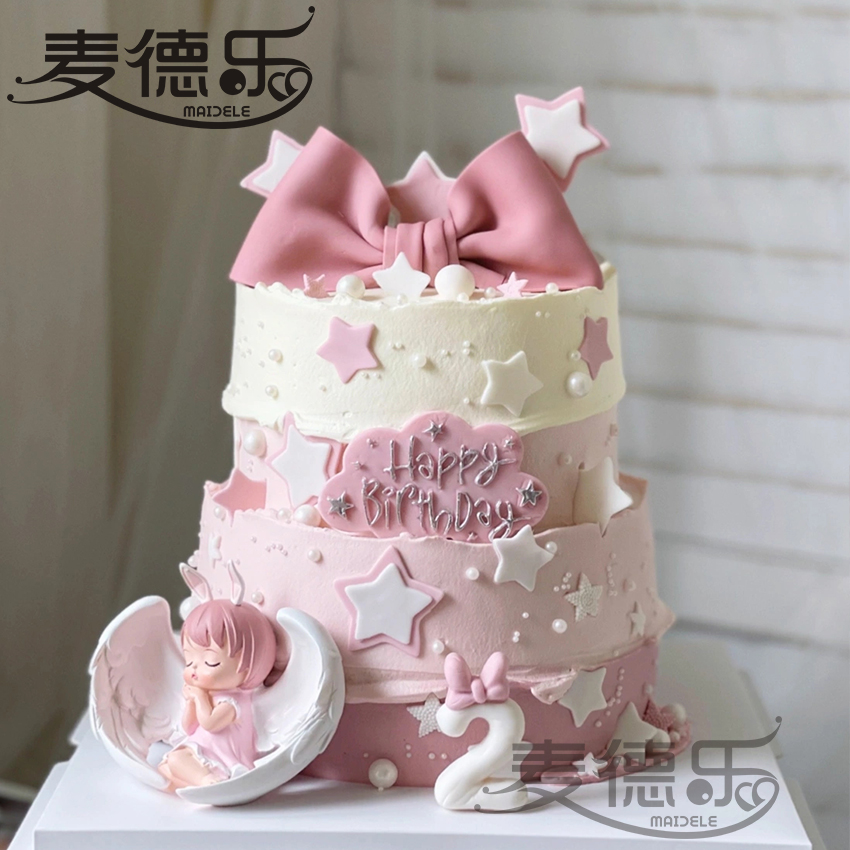 上海安妮天使宝宝半翻糖蝴蝶结女孩子满月周岁满月100天生日蛋糕