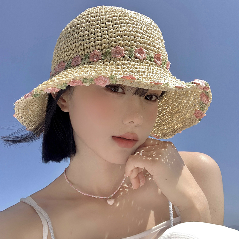 花朵草帽女大帽檐夏季海边度假沙滩显脸小草编可折叠遮阳防晒帽子
