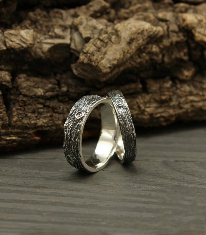 Wedding㊣乌克兰代购 手作仿古自然灵感树皮设计结婚一对纯银戒指