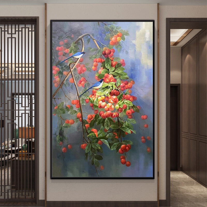 新中式喜上枝头纯手绘喜鹊水果油画玄关客厅餐厅装饰画大芬村挂画