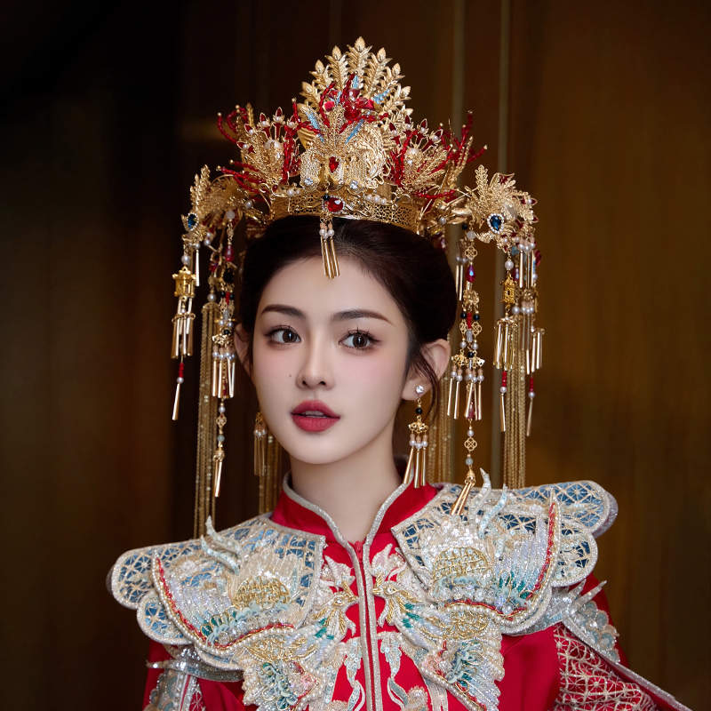 中式明制新娘复古凤冠古装头饰景泰蓝皇后大婚仪式发饰结婚配饰品