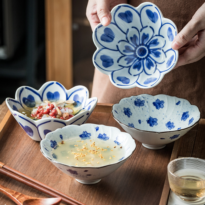 蓝色花坛花瓣碗陶瓷碗适合女生用的甜品碗糖水碗冰粉雪糕碗凉粉碗