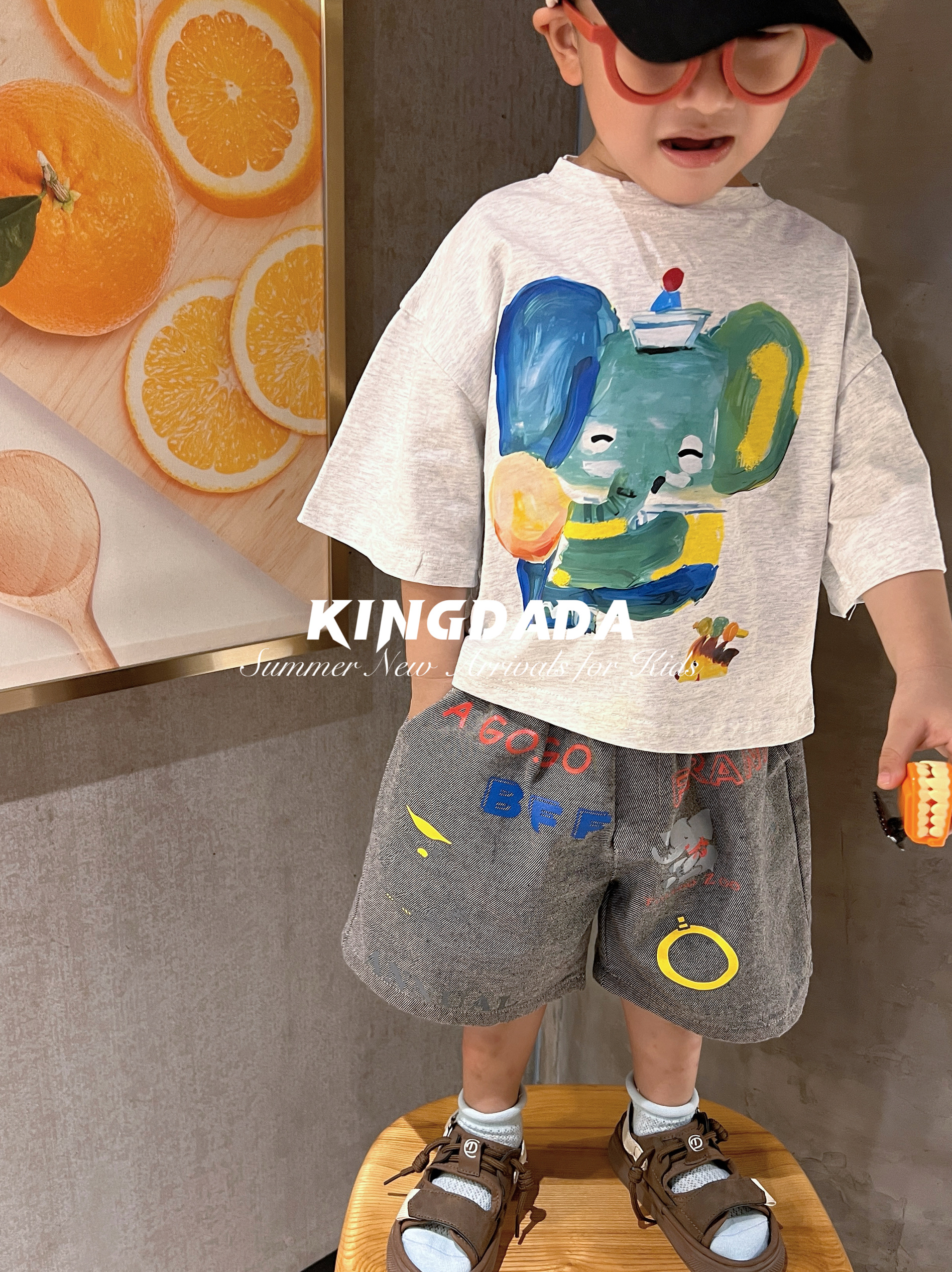 kingdada韩系童装男童短袖t恤纯棉夏季夏装儿童油画风打底衫上衣