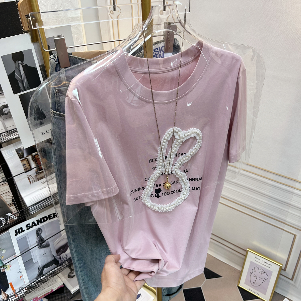 钉珠兔子图案t恤女设计感小众粉色时尚气质减龄漂亮洋气短袖上衣