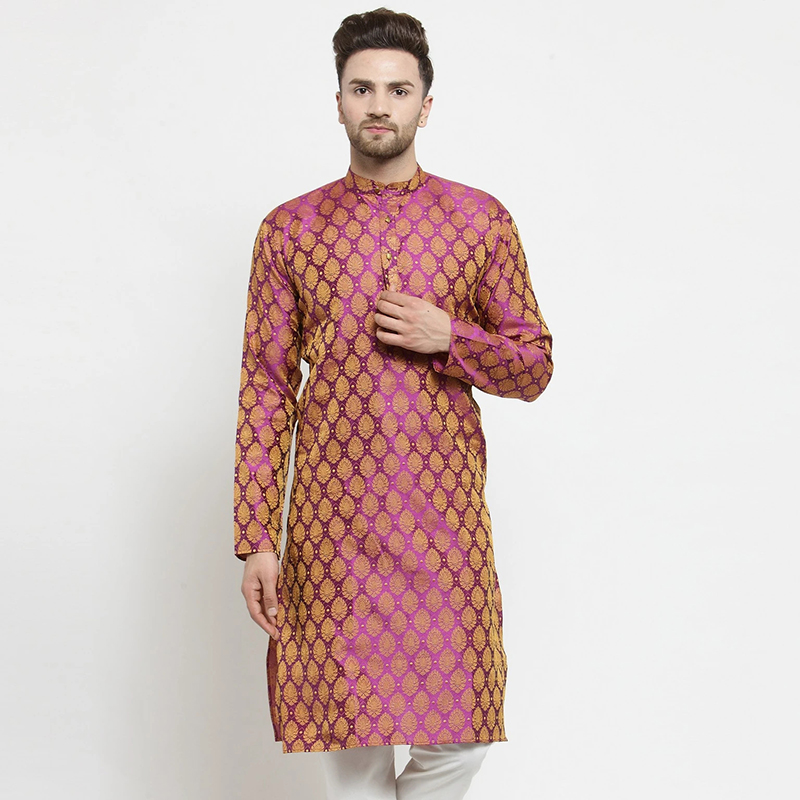 印度进口男装民族风丝绵提花暗纹中长款传统服饰上衣薄款 5色