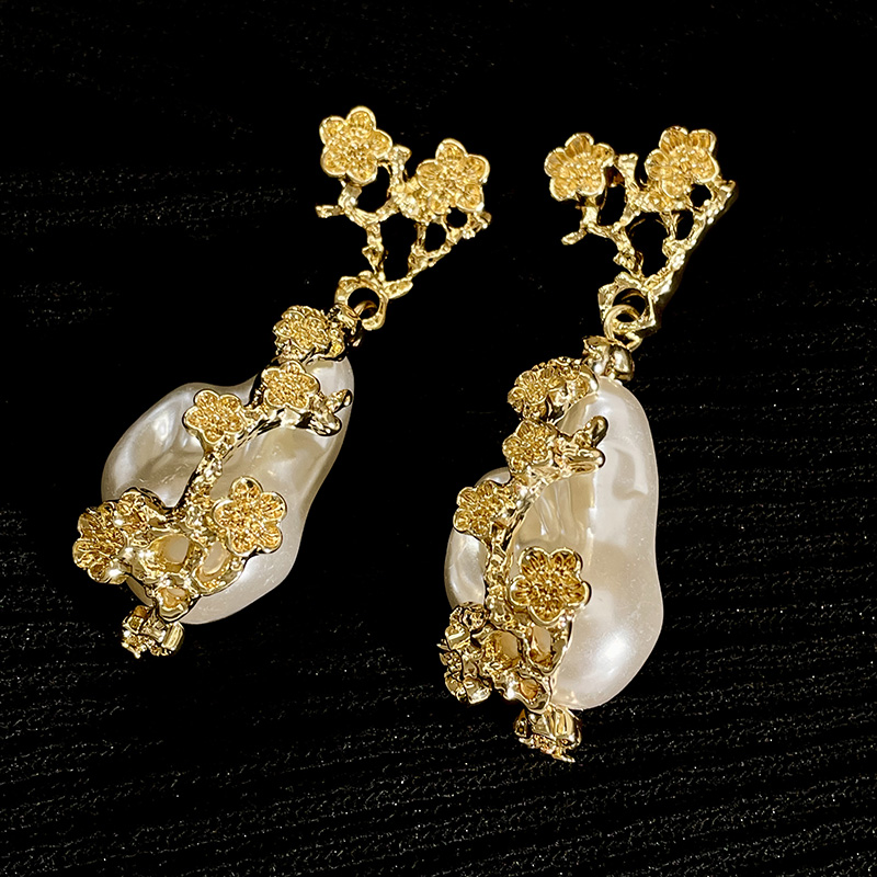 中古不规则异形珍珠耳环法式复古金属花朵梅花耳钉高级感几何耳饰