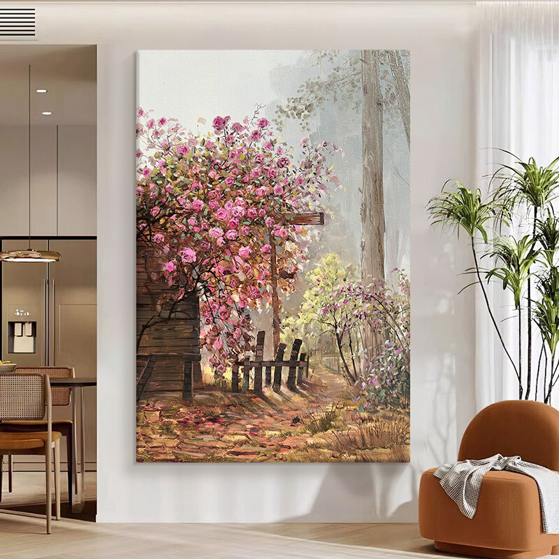 法式玫瑰花丛手绘油画客厅抽象粉色花卉装饰画玄关田园风肌理挂画