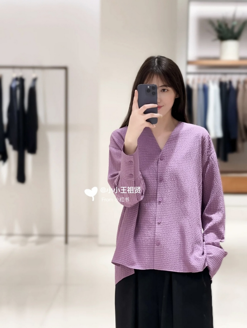 24015禾~衬衣巴黎线紫色真丝色织泡泡上衣衬衫P02