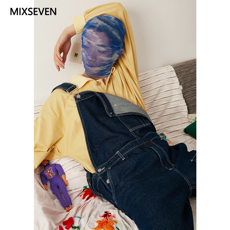 MIXSEVEN原创靛蓝工装背带裤纯棉水洗牛仔裤撞色线设计可调节肩带