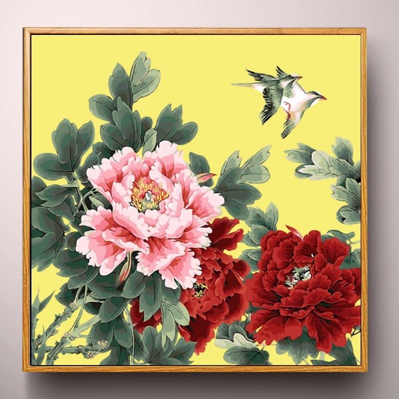 数字油画diy  花卉风景中国风淡彩简单填充手绘装饰画 花鸟牡丹图