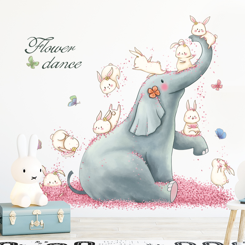 粉色花丛兔子大象儿童房卡通动物可爱墙贴纸壁纸画幼儿园走廊教室