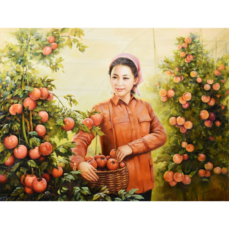 带合影朝鲜人物油画 宽1.1米 辛秀哲 一级《摘柿子的女子》ty210
