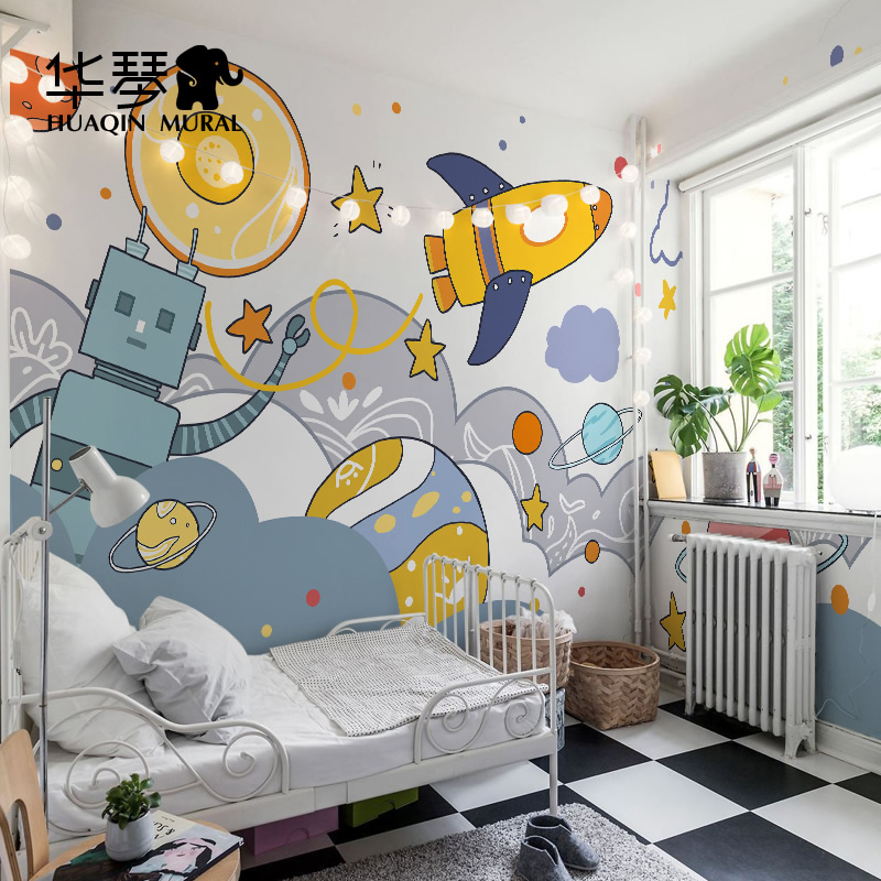 北欧卡通机器人太空星球火箭飞碟男孩儿童房墙纸壁纸墙布壁布壁画