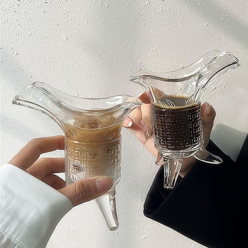 冰咖啡杯ins创意秦始皇浓缩冰咖啡杯玻璃帝王古代杯酒杯三足杯仿