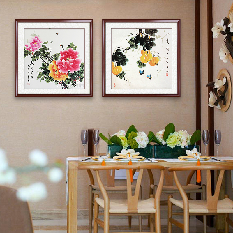 国画葫芦图新中式手绘客厅沙发背景玄关餐厅装饰挂画富贵牡丹花鸟