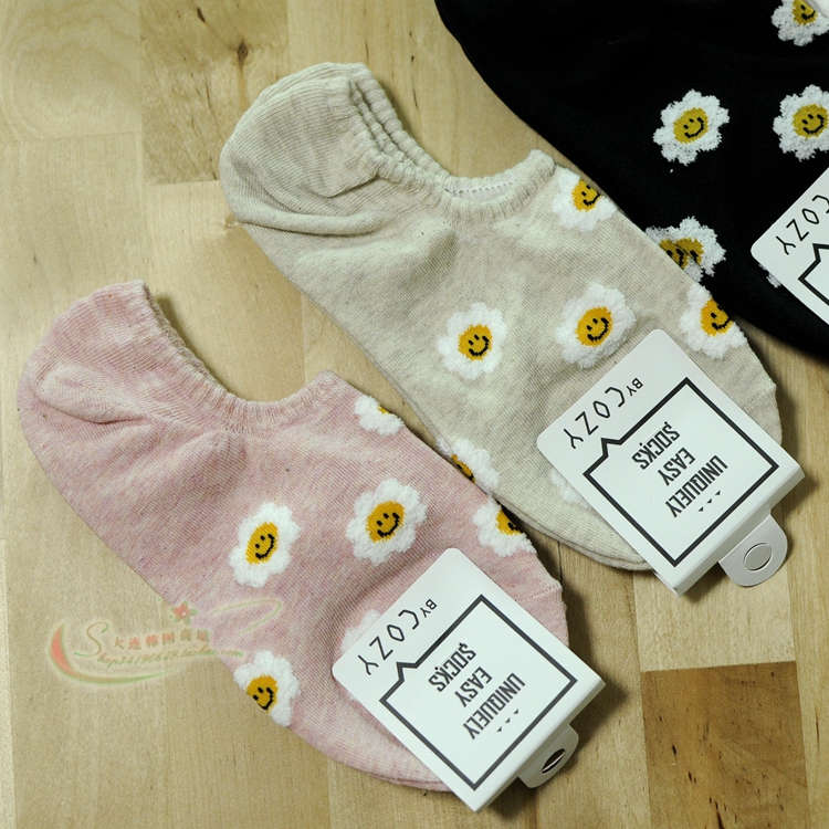 韩国棉质隐形船袜笑脸太阳花图案可爱短袜子女生夏季浅口棉袜