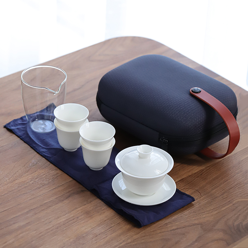 羊脂玉白瓷盖碗一壶四杯旅行茶具陶瓷便携式功夫茶具套装德化白瓷