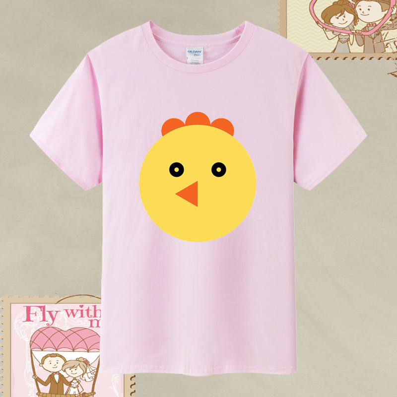 儿童装小鸡图案粉色t恤夏 中小儿童纯棉圆领上衣女童男童宝宝衣服