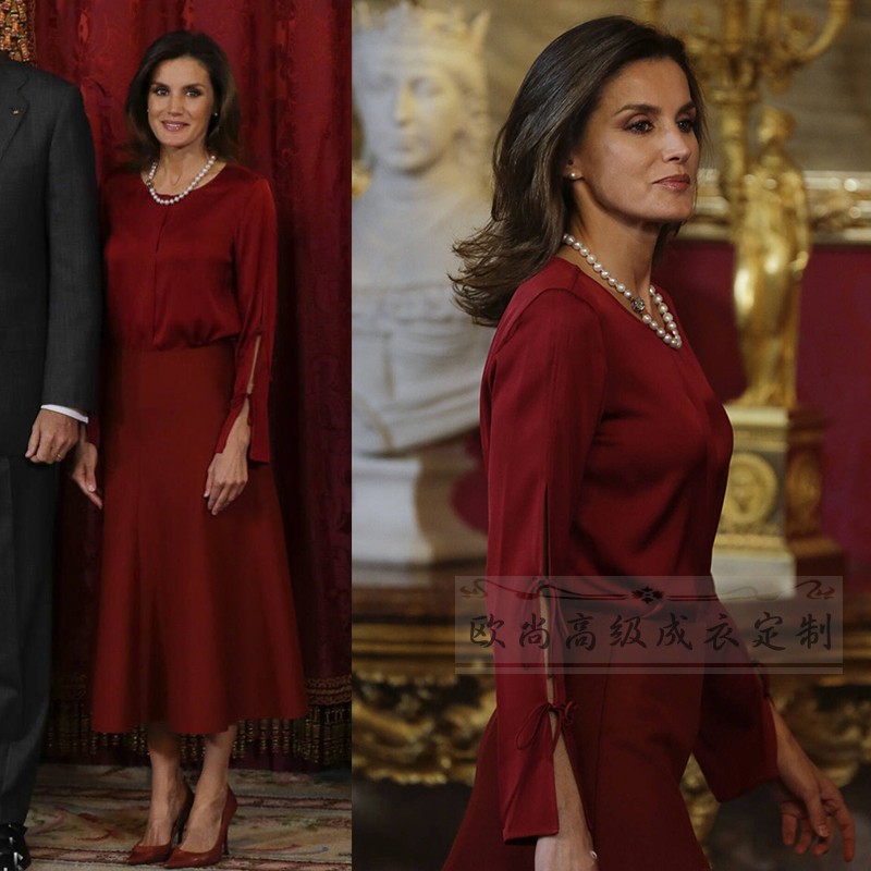 高级定制莱蒂齐亚西班牙王妃同款酒红色重磅真丝衬衫+A字长裙套装