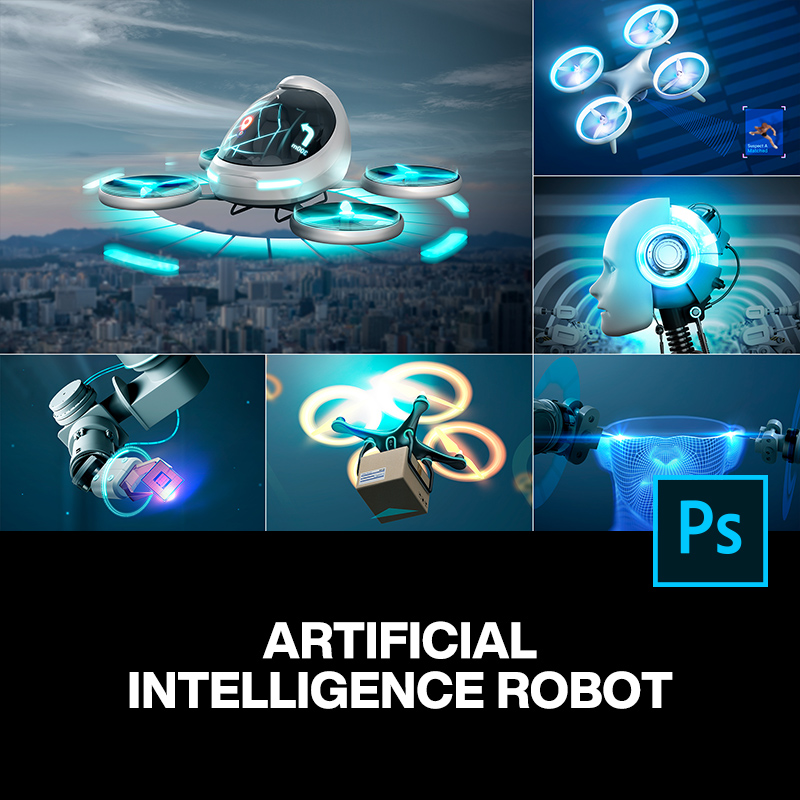 11款未来Ai人工智能机器人无人机科幻主视觉海报设计ps分层素材