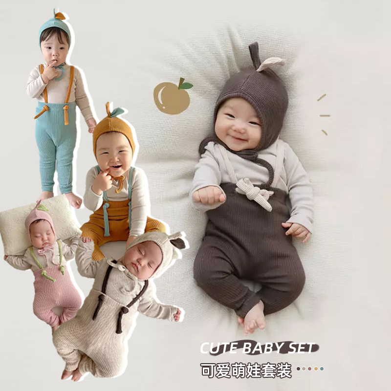 男女宝宝萌娃套装婴儿背带裤百天照周岁拍照满月t恤衣服可爱帽子