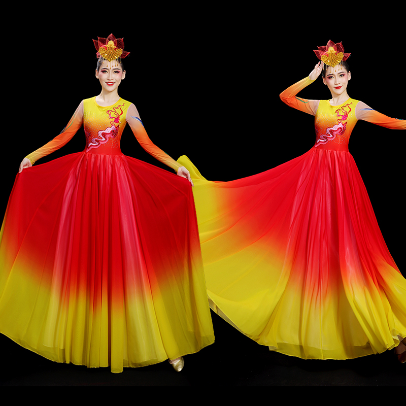 新款灯火里的中国演出服开场舞大摆裙中国风大气表演服大型舞蹈服