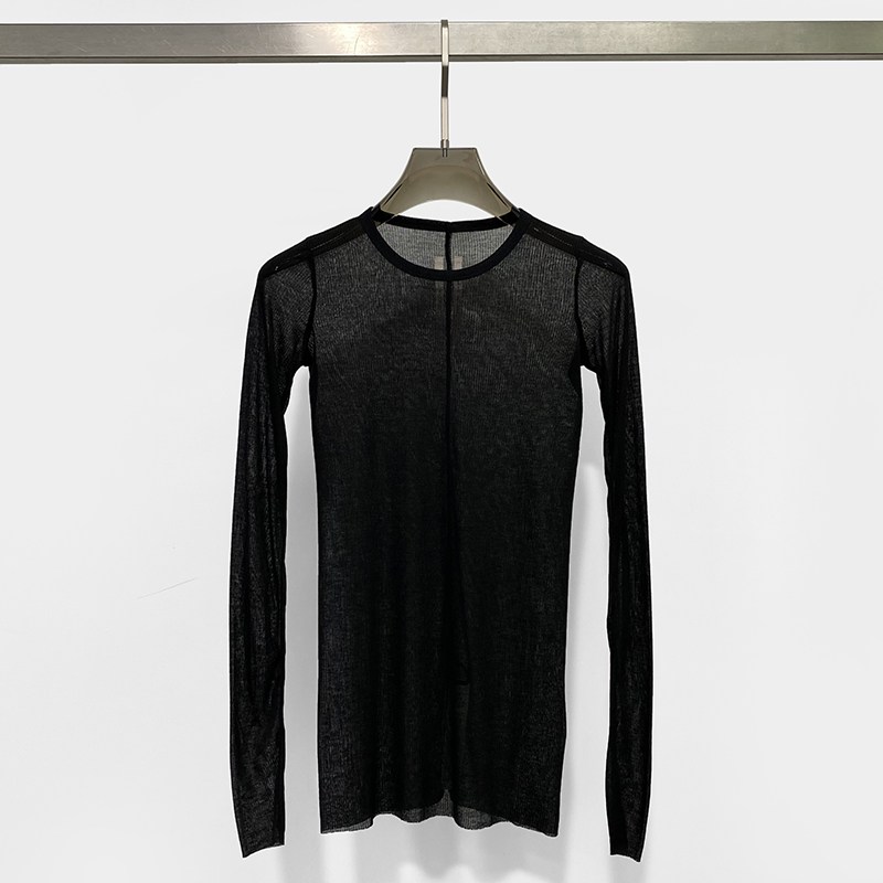 春秋季新款2023女士修身打底主线人棉舒适百搭纯黑色透明性感上衣
