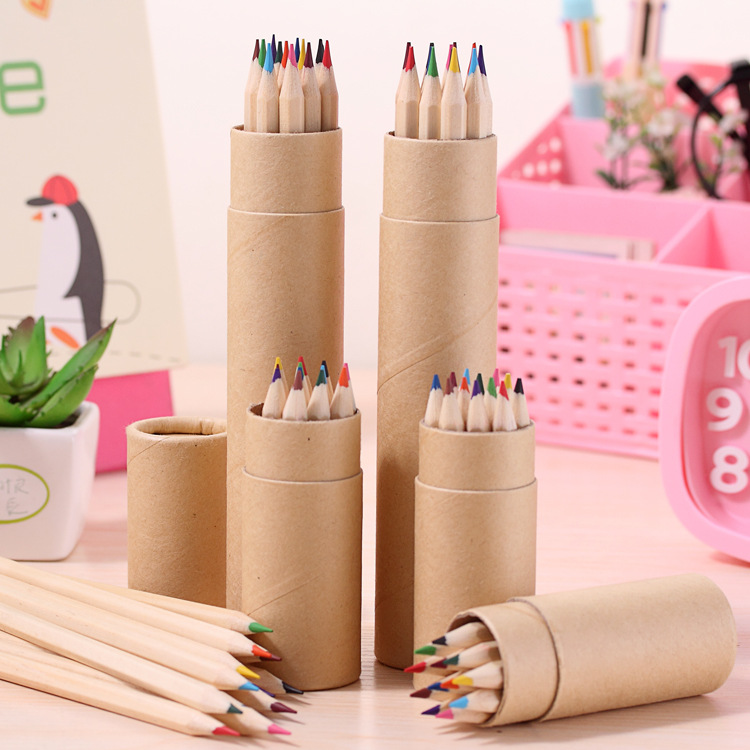 原木色桶装彩铅 儿童绘画涂鸦环保纯色彩色铅笔 六角杆 12色