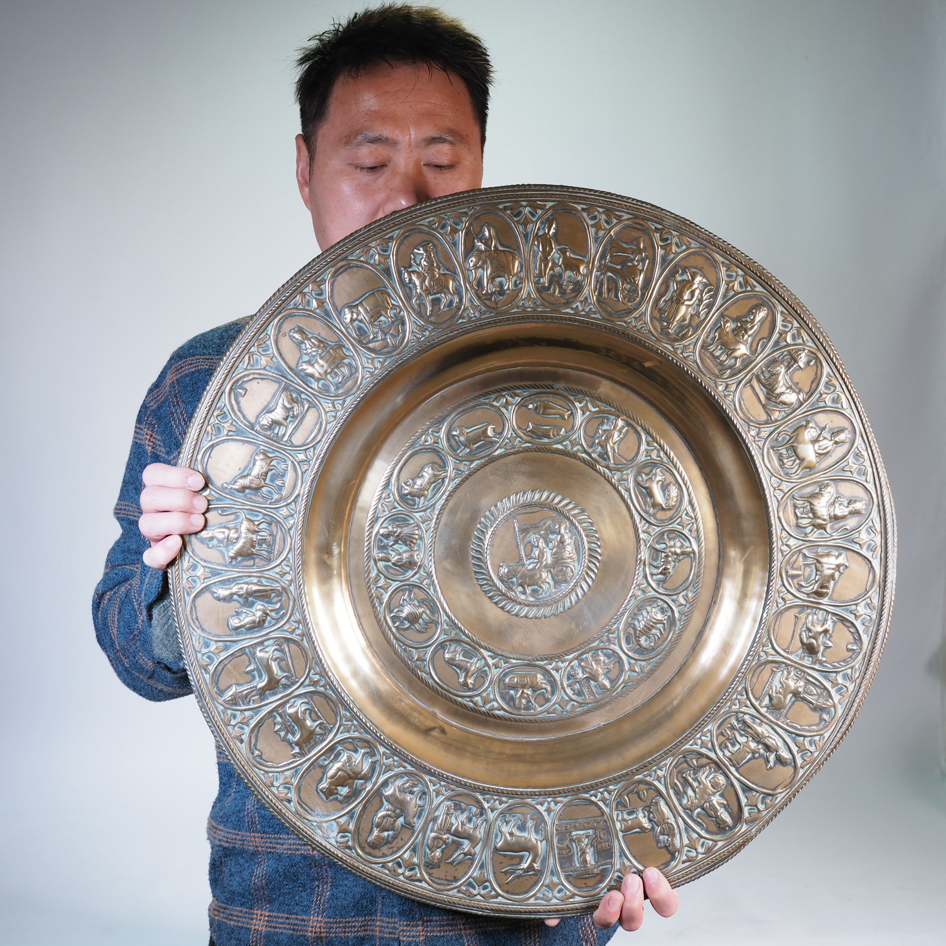 西洋古董62cm大型十二星座浮雕装饰挂盘铜盘神话人物老物件稀有