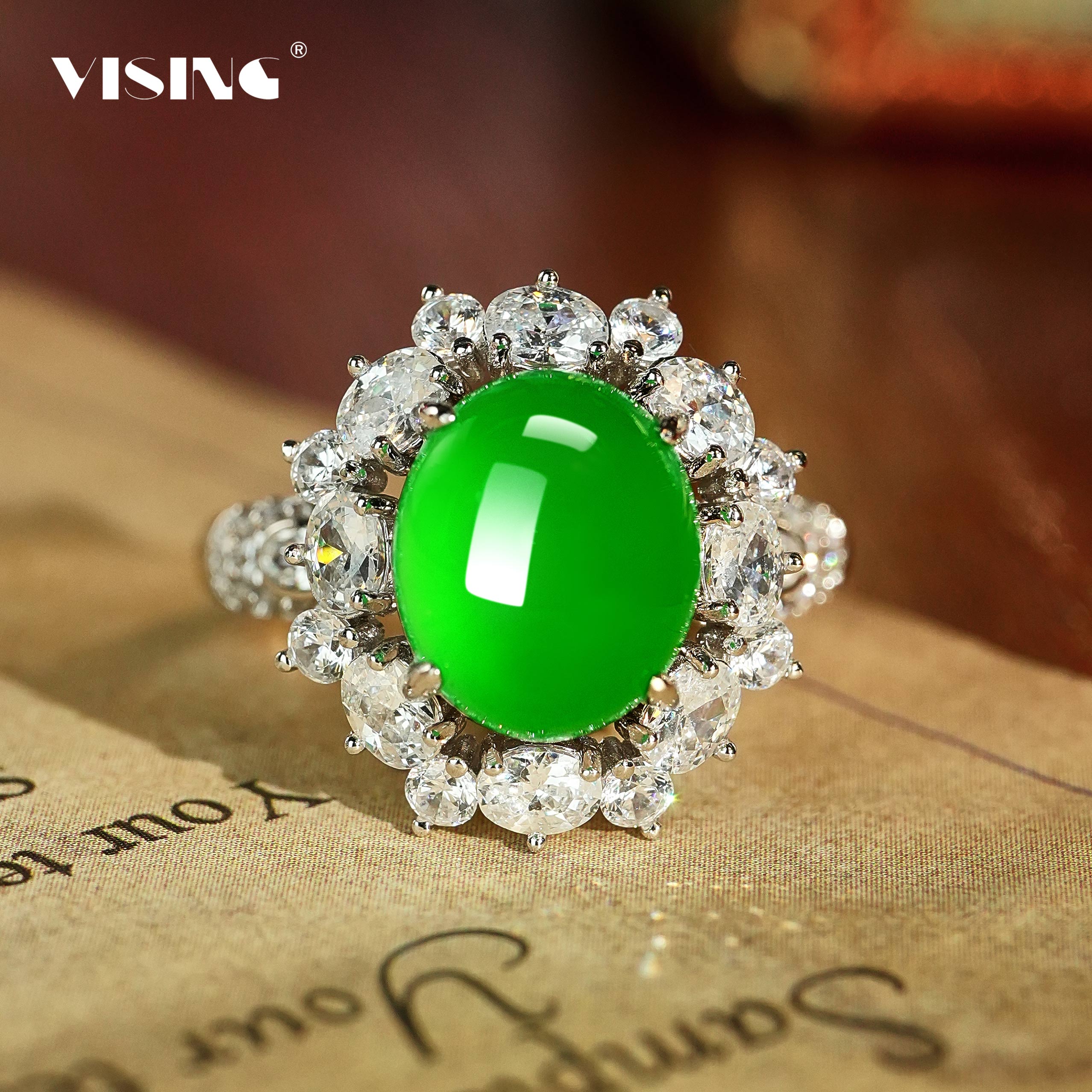 VISING珠宝冰种巴西绿玉髓玛瑙高碳钻戒指手饰气质媲美翡翠S925银